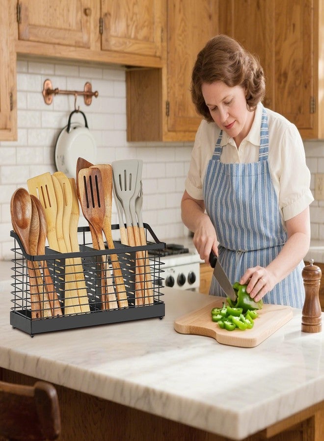 MYITYARD Utensil Holder for Kitchen Counter, Large Cooking Utensil Organizer with 4 Compartments, Matte Black Kitchen Organization for Countertop, Forks, Knives, Spoons, Cooking Tools - Image 4